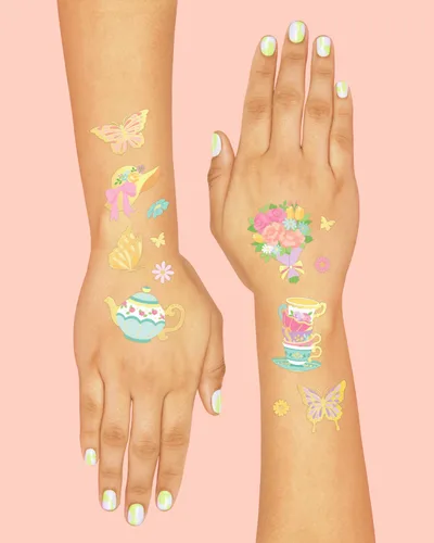 Vista 4 de xo, Fetti Tatuajes temporales para fiesta de té - 48 estilos de purpurina Suministros para fiesta de cumpleaños Partea, tetera de té, cupcakes