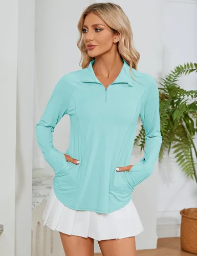 Vista 5 de LOMON Camisas de manga larga para mujer, protección solar, cremallera de 14, de verano, de secado rápido, para senderismo, con cremallera de un