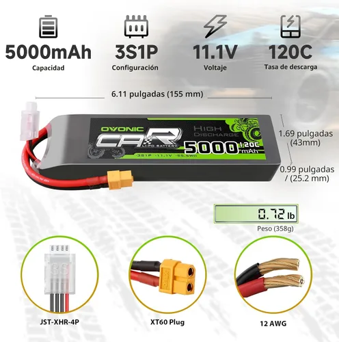 Vista 2 de OVONIC 3S LiPo Batería 11.1V 5000mAh 120C con XT60 y TRA Plug Match RC Coche Camión Avión Helicóptero Barco