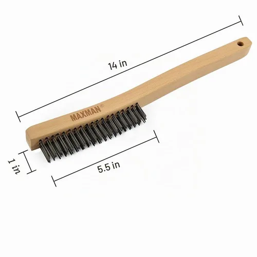 Vista 3 de Cepillo de alambre, cepillo de alambre de acero al carbono de servicio pesado para limpiar óxido con mango curvado de madera de haya de 14 pulgadas