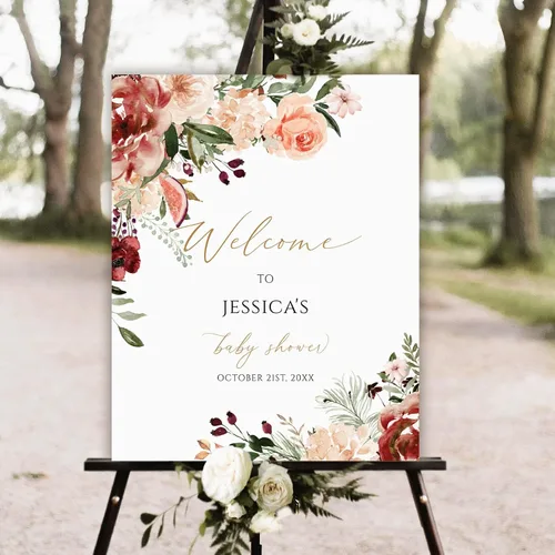 Vista 14 de Cartel de bienvenida personalizado para baby shower, cartel de bienvenida floral de niña, póster de bienvenida de rubor rosa Versión #1