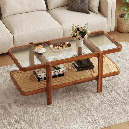 Vista 12 de Giantex Mesa de centro de ratán, mesa de té de madera ovalada de 2 niveles con mesa de vidrio templado y estante de almacenamiento de ratán de Negro