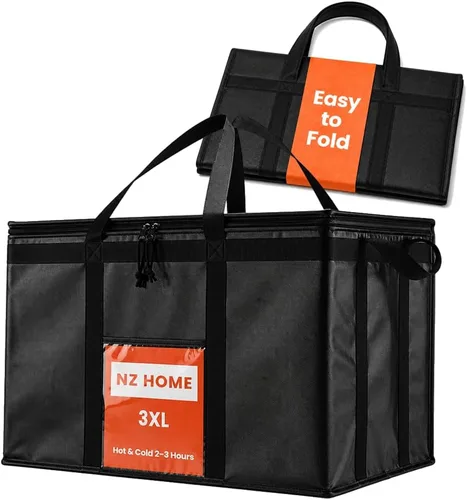 Vista 23 de Bolsa térmica XXL aislada y calentador de alimentos para entrega y compras de comestibles con parte superior con cremallera, color negro