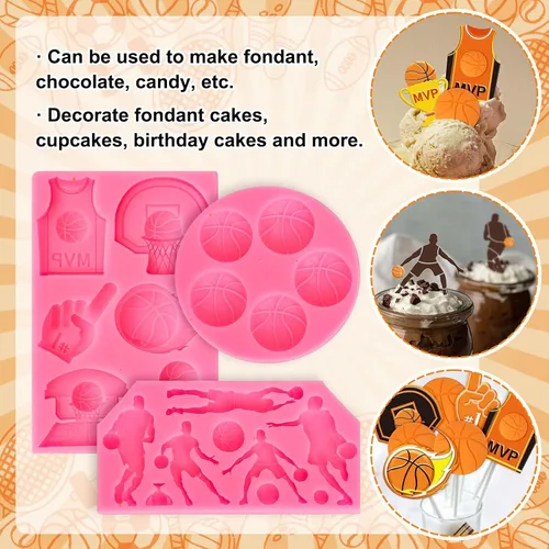 Vista 4 de Whaline 3 paquetes de moldes de fondant de baloncesto con temática deportiva, moldes de silicona, moldes de caramelo de chocolate para cocina