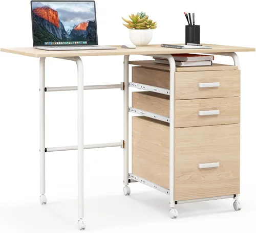 Vista 8 de Giantex Escritorio plegable para espacio pequeño, escritorio de oficina en casa rodante con 3 cajones y ruedas universales con cerradura, escritorio