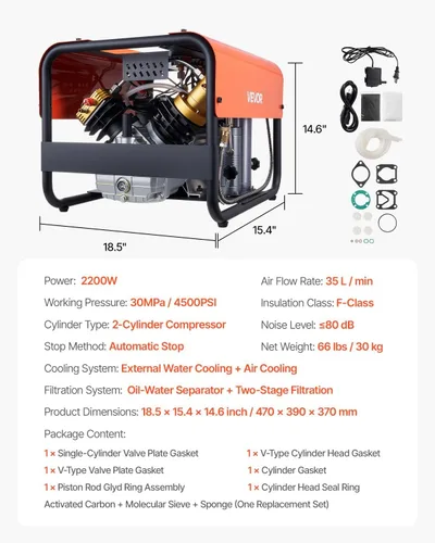 Vista 7 de VEVOR Compresor de Aire PCP, Compresor de Aire para Tanque de Buceo de 4500 PSI/30 Mpa, Compresor de Buceo PCP de Doble Cilindro con Parada