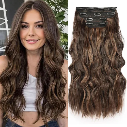 Vista 13 de Extensiones de cabello rubio con clip, de 22 pulgadas, extensiones de cabello largo y rizado con clip, 4 unidades, extensiones de cabello sintético