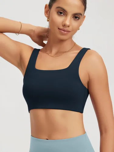 Vista 2 de ODODOS Brasier deportivo de cuello cuadrado para mujer, sin varillas, sin relleno, para yoga, entrenamiento, ombligueras
