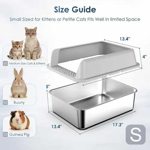 Vista 4 de Suzzipaws Paquete de 2 cajas de arena de acero inoxidable de 17.3 x 13.4 x 9 pulgadas, caja de arena para gatitos y mascotas pequeñas, caja de arena