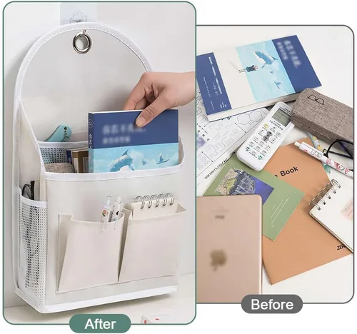 Vista 4 de Paquete de 2 bolsas de almacenamiento para colgar en la pared con bolsillo, cesta organizadora de tela con gancho adhesivo, caja organizadora sobre