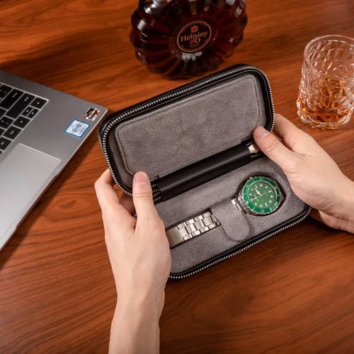 Vista 5 de Mr.Okay Funda de viaje para 2 relojes funda de cuero profesional para hombre, organizador de relojes portátil para almacenamiento y exhibición.