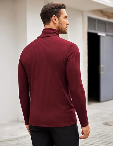 Vista 3 de COOFANDY Suéter de cuello alto para hombre, ajuste delgado, ligero, básico, acanalado