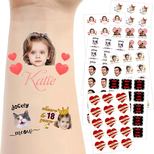 Vista 15 de Tatuajes temporales personalizados para la cara, tatuajes faciales personalizados con nombre de foto, logotipo, texto, calcomanía de tatuaje falsa