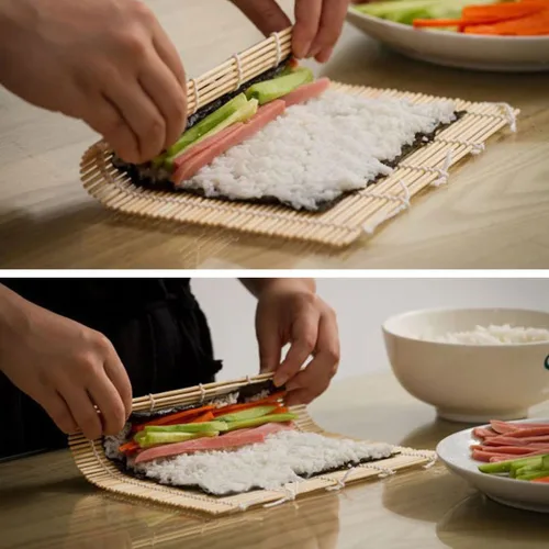 Vista 8 de GARASANI Paquete de 2 kits de fabricación de sushi de bambú, 2 tapetes de bambú natural, 1 cepillo de cocina, 9.4 x 9.4 pulgadas (beige)