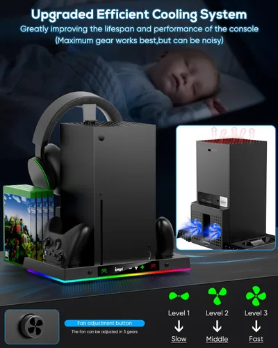 Vista 3 de MENEEA Upgraded Cooling Fan Charging Station for Xbox Series X Console & Controller, Dual Charger Dock & Cooler System Stand with 15 Colorful Lights