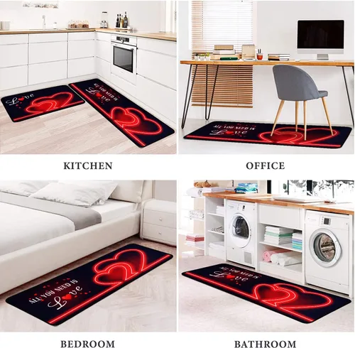 Vista 6 de Juego de 2 alfombras y tapetes de cocina, para el día de San Valentín, decoración de corazón rojo, antideslizantes, parte trasera de goma