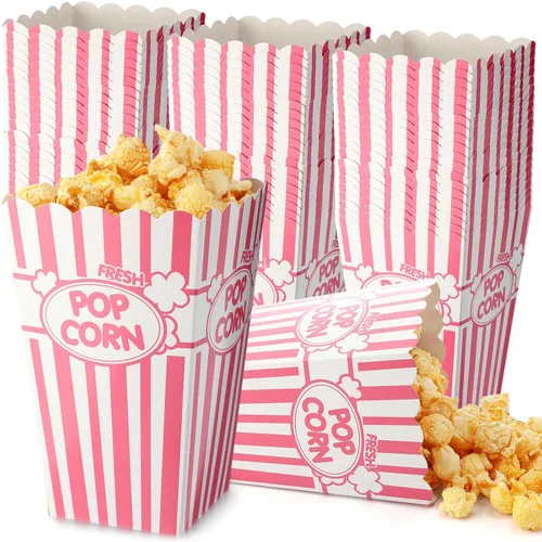 Vista 12 de Xinnun 100 piezas Cajas de palomitas de maíz 32oz Cubos de papel clásicos con rayas desechables a prueba de aceite Caja abierta retro