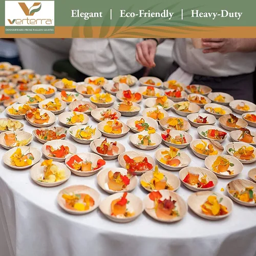 Vista 4 de Cuenco desechable redondo compostable de hoja de palma de 3.5 pulgadas, resistente, ecológico, vajilla sostenible para bodas, eventos, fiestas