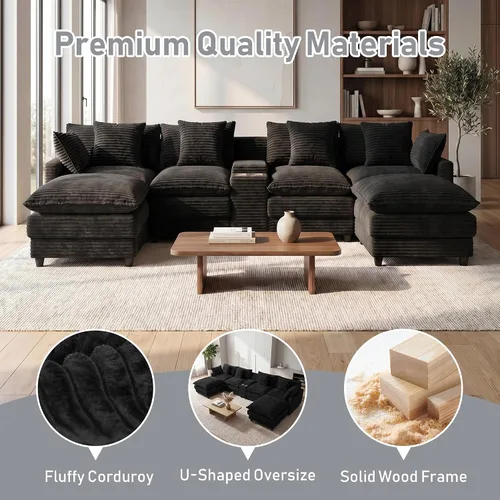 Vista 4 de Sofá modular en forma de U de 143 pulgadas para sala de estar, sofá modular de gran tamaño, sofás seccionales modernos, asiento profundo de pana