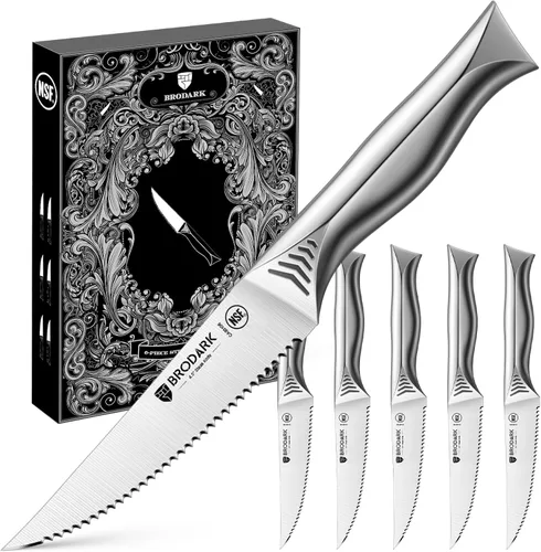 Vista 10 de BRODARK Juego de 6 cuchillos de carne dentados de 4.5 pulgadas, viene con Negro