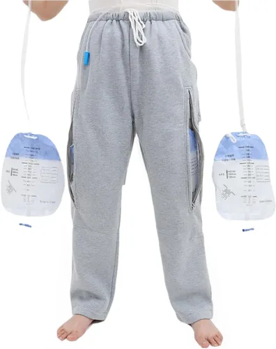 Vista 7 de Pantalones de catéter para hombres y mujeres, pantalones con soporte para bolsas de orina y piernas con bolsillos dobles con cremallera para dos