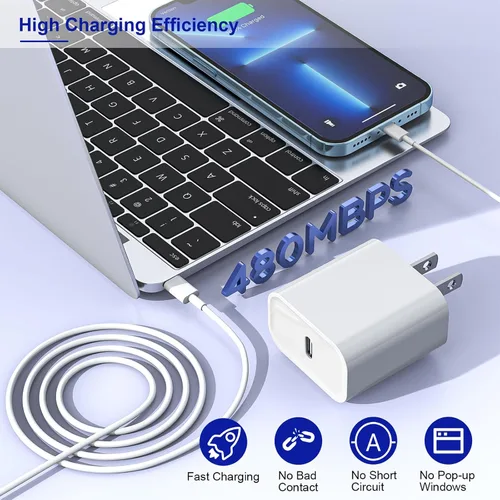 Vista 5 de Cargador rápido de Apple, cargador de iPhone extra largo de 10 pies, adaptador de enchufe de viaje, carga súper rápida de Apple, USB C, bloque