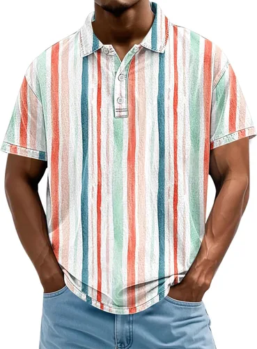 Vista 22 de Camisa polo de manga corta para hombre, camiseta de golf a rayas, de manga corta, para vacaciones, casual, cuello en V, camiseta de verano