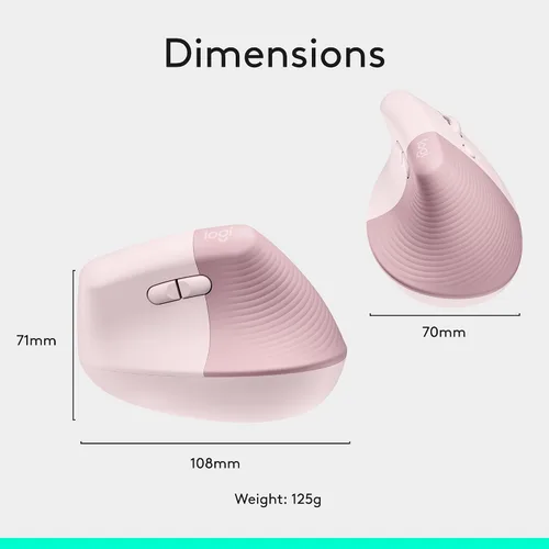 Vista 10 de Logitech Lift - Mouse óptico, ergonómico y vertical, uso inalámbrico, por Bluetooth o con receptor Logi Bolt USB, clics silenciosos, 4 botones, Rosa