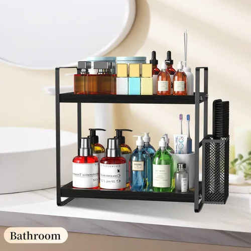 Vista 4 de LEMIKKLE Organizador de Baño para Encimera, Organizador de Mostrador para Decoración de Baño, Estante de Fregadero de Madera para Almacenamiento