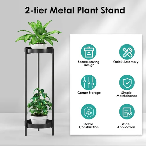 Vista 5 de Soporte para plantas alto de 2 niveles - Estante porta macetas de metal de 30" para interiores y exteriores para múltiples plantas, estante