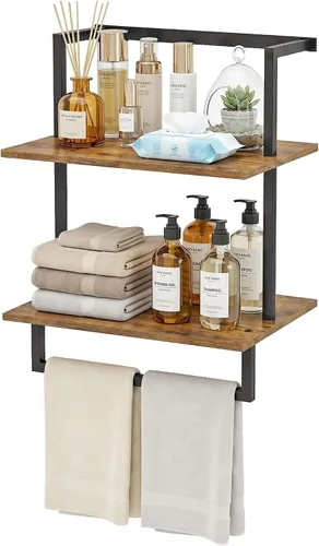 Vista 8 de Toallero montado en la pared para baño, soporte de almacenamiento de baño, estante de toalla de madera de acero de 3 niveles con barra, negro