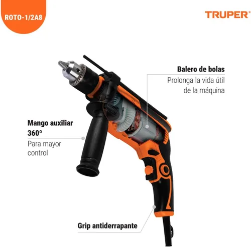 Vista 3 de Truper Taladro de martillo rotatorio profesional de 1/2" 700W, 110V, 5A, naranja
