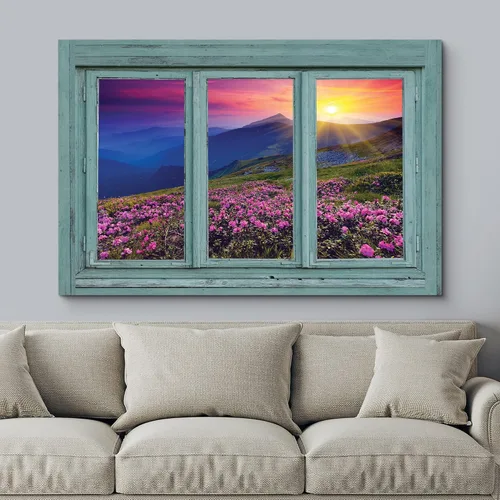 Vista 3 de wall26 - Cuadro en lienzo para pared, puesta de sol naranja sobre campo de margaritas rosadas, montaña, naturaleza, desierto, fotografía, realismo