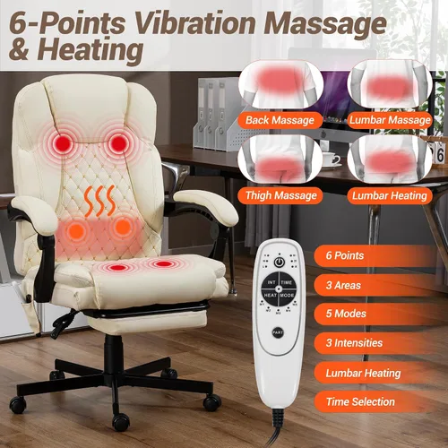 Vista 4 de Silla de oficina de masaje con reposapiés, sillas ejecutivas de calefacción por vibración de 6 puntos, silla ejecutiva ergonómica para oficina