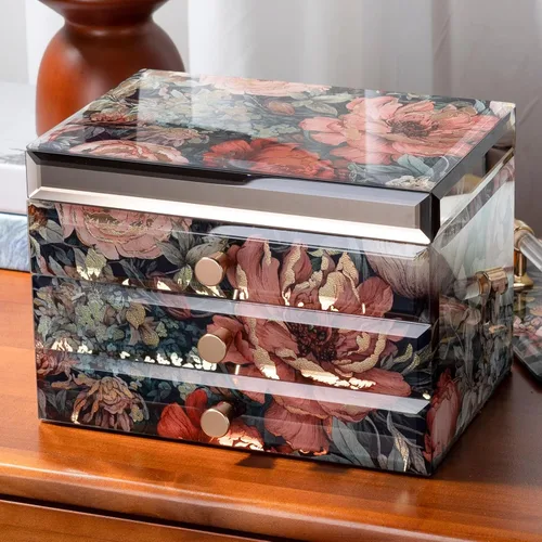 Vista 2 de Joyero de cristal con patrón floral, organizador de joyas de 3 niveles para mujeres y niñas, cajas decorativas de regalo de joyería, organizador