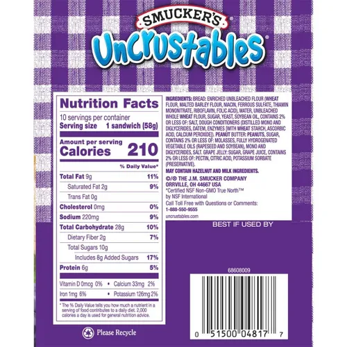 Vista 2 de Smucker's Uncrustables - Sándwiches de mantequilla de maní y jalea de uva, 2 onzas cada uno, 60 unidades a granel - Frozen Grab N Go Kids Snacks