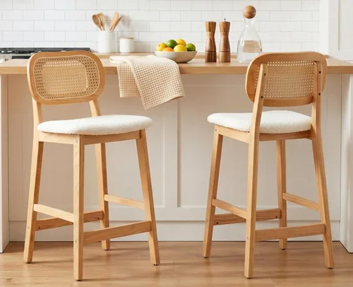 Vista 15 de ROCITY - Juego de 2 taburetes de ratán negro, taburetes de bar de madera de granja, taburetes de bar tapizados, sillas de isla de cocina