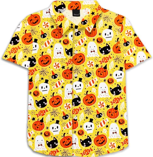 Vista 17 de Remimi Camisa unisex de Halloween para niños, camisetas hawaianas de manga corta con botones feos de 5 a 14 años Christmas Gift