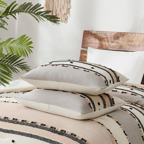 Vista 5 de Hyde Lane Juego de edredón bohemio tamaño Queen, ropa de cama moderna tamaño Full estilo casa de campo, parte superior de algodón con rayas jacquard