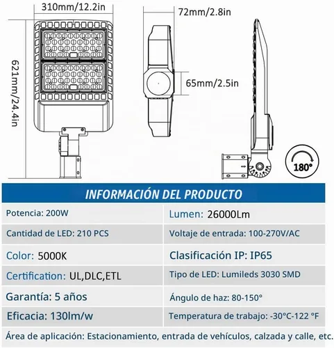 Vista 9 de ledmo Luces LED para Estacionamiento de 200W, 5000K, Luces de Poste Tipo Caja para Calles, Impermeables, 26000LM, Súper Brillantes, de Anochecer a