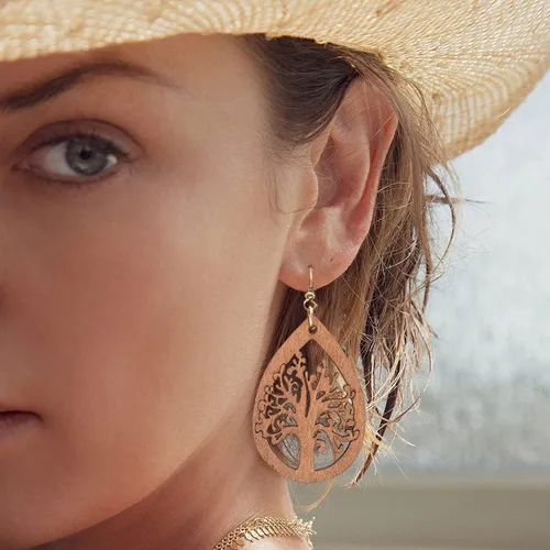 Vista 3 de Wovanoo Aretes de madera para mujer, aretes colgantes de gota de agua de madera natural