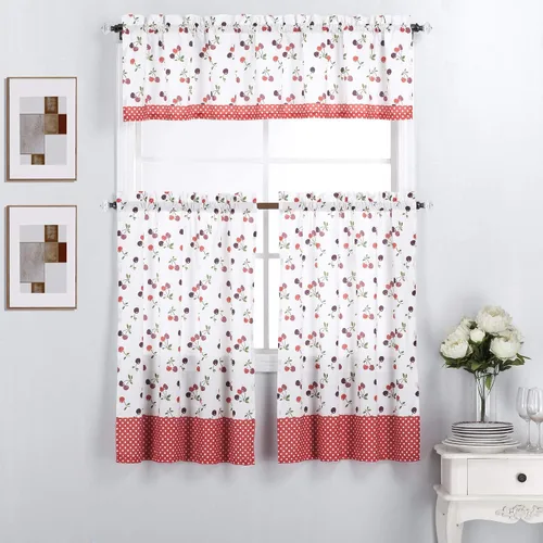 Vista 3 de Interior Trends Juego de 3 paneles de cortina y cenefa para ventana de cocina (juego de niveles de 36 pulgadas, coral con flores de pájaro)