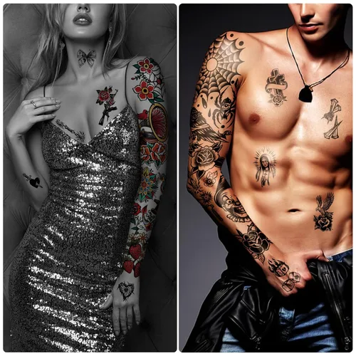 Vista 4 de Tatuajes temporales para adultos, manga completa, tatuajes falsos tradicionales de la vieja escuela, tatuajes de rosas de flores para mujeres