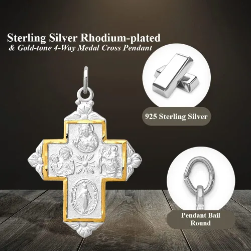 Vista 6 de Colgante de plata de ley 925 rodiada en tono dorado de 4 vías con cruz de medalla de regalo para mujer, Metal, No es una piedra preciosa