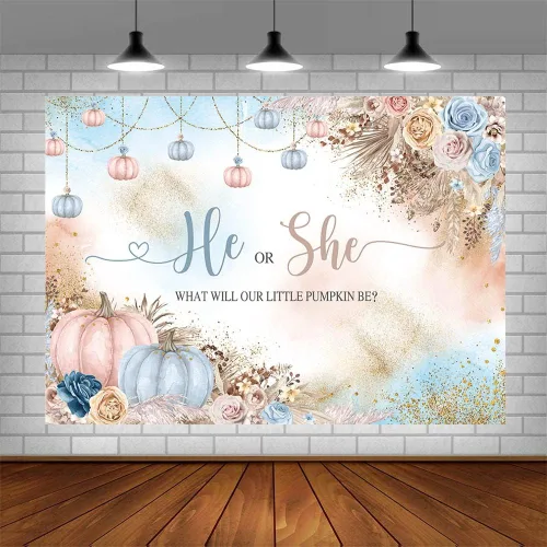 Vista 3 de AIBIIN Telón de fondo de revelación de género de 7 x 5 pies con texto en inglés "He or She What Will Our Little Pumpkin Be Background", color rosa