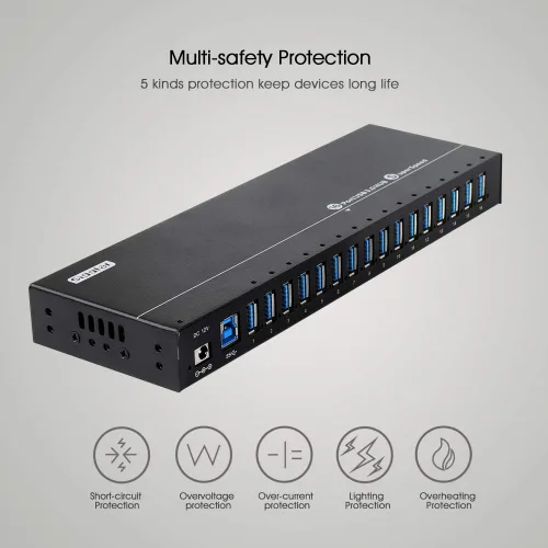 Vista 6 de Concentrador USB alimentado – 16 puertos 120 W USB 3.0 Hub – Hub de carga para múltiples dispositivos con adaptador de corriente de 12 V/10 A