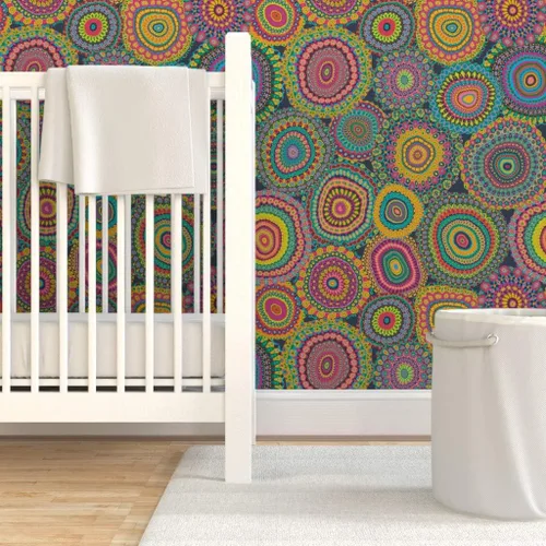 Vista 6 de Despegar y pegar papel tapiz Muestras – Colcha de retazos de abuelas mandala círculo colorido retro hippie personalizado extraíble papel pintado por