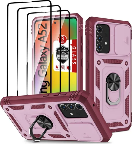 Vista 12 de Funda para Galaxy A52 4G, para Galaxy A52 5G con 3 protectores de pantalla de vidrio templado con soporte de anillo integrado + cubierta de cámara