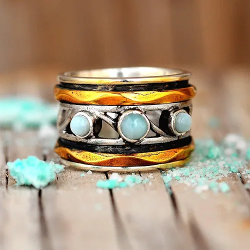 Vista 6 de Boho-Magic Anillo giratorio Larimar de plata de ley 925 para mujer con bandas giratorias de latón, Metal no precioso Piedra preciosa, larimar