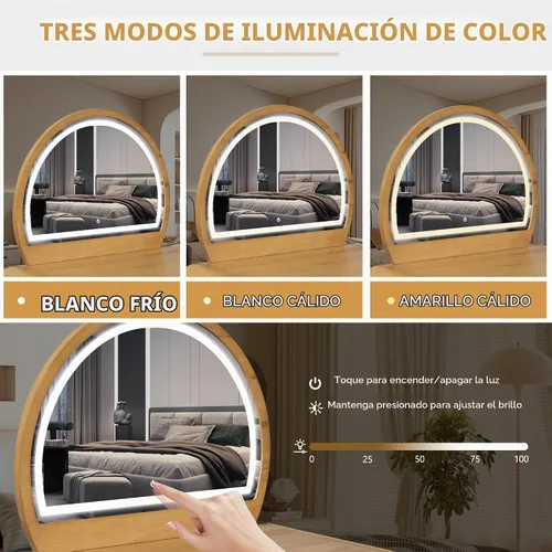Vista 3 de Montary Mesa de tocador de maquillaje de 39 pulgadas con espejo iluminado con pantalla táctil, tocador de madera de goma con cajón grande